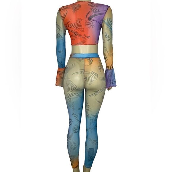 Stylish Long Sleeve Mesh Crop Top & Leggings Pants Set Breathable Trendy - Picture 5 of 16